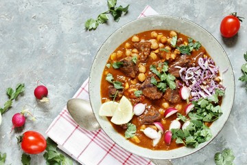 Beef Pozole. with beef and chickpeas. festive Mexican rich soup.