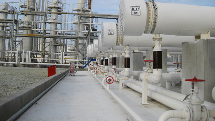 Heat exchangers at oil refinery.