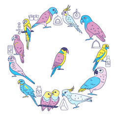 Parrots round concept banner in line style
