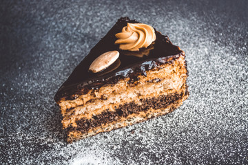 Chocolate home-made tasty cake on a gray monophonic background with sugar powder. Fresh pastries. Piece. Pie. Food.