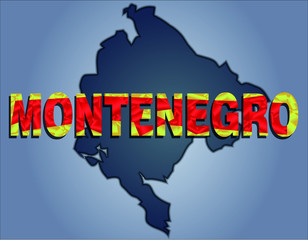 Obraz premium The contours of territory of Montenegro and Montenegro word in the colors of the national flag