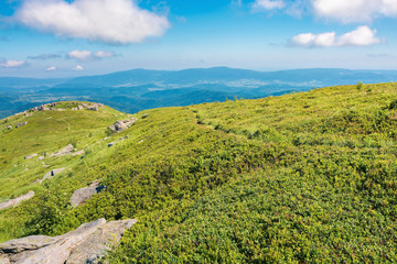 wonderful sunny scenery in mountains. grassy alpine meadow with some rock formations. distant ridge...