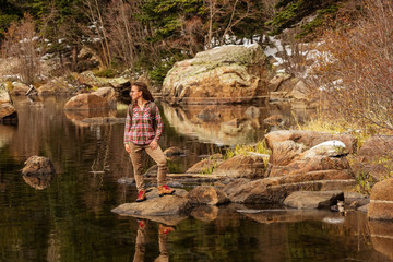 Hiker in Rocky mountains National park in USA
