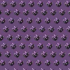 Festive packing wrapped in black paper with circles and dots pattern. Top view of realistic gifts with bows and tapes. Purple background for anniversary. birthday, Thanksgiving day.