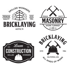 Set of vintage construction and bricklaying labels. Posters, stamps, banners and design elements. Vector illustration