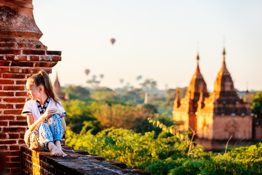 Hot air balloons fly over Bagan temples