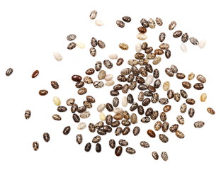 Chia seeds macro isolated on white background, top view