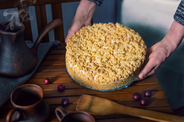 cherry souffle cake served on the table