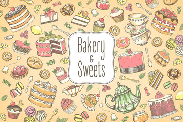 Big vintage collection of hand-drawn tea and kb bakery. Freehand drawing, sketch