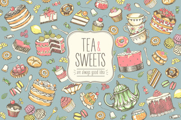 Big vintage collection of hand-drawn tea and kb bakery. Freehand drawing, sketch