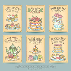 Card collection of hand-drawn cakes. Vintage posters of bakery sweet shop. Freehand drawing, sketch