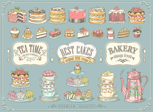 Big vintage collection of hand-drawn tea and kb bakery. Freehand drawing, sketch