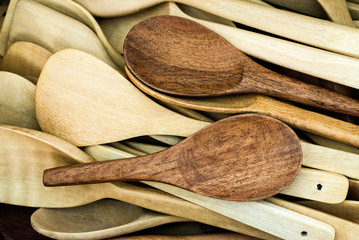Group of wood spoon selling in the market,Natural cooking equipment.