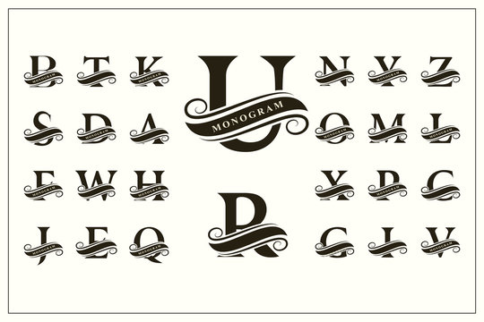 Set of Stylish Capital Letters. Vintage Logos. Filigree Monograms. Ribbon for Inscription. Beautiful Collection. English Alphabet. Simple Emblems. Design of Calligraphic Insignia. Vector illustration