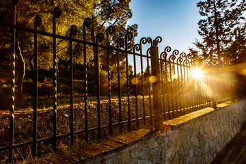 In the evening the sun shines on the old iron fence in the Park.