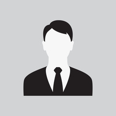 User Men Icon. Guy's Profile. Man in Business Suit with a Tie. Male Web Sign, Flat art Object. Black and White Silhouette of Boy. Avatar Picture App. Vector Illustration