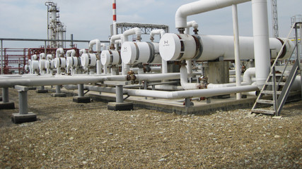 Heat exchangers at oil refinery.
