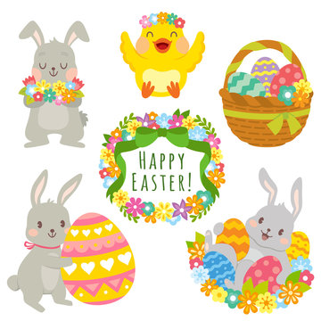 Clip art set of cute cartoons for Easter. Easter bunnies, Easter eggs, flowers and decorations.