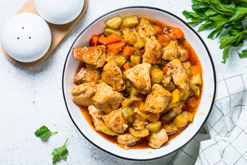 Chicken stew with vegetables, top view.