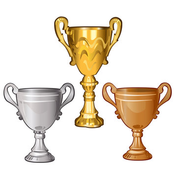 Set of golden, silver and bronze cups isolated on white background. Vector cartoon close-up illustration.