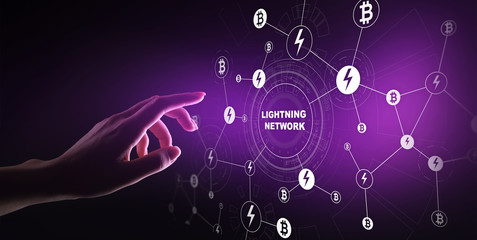 Lightning network communication in cryptocurrency technology. Bitcoin and internet payment concept on virtual screen.
