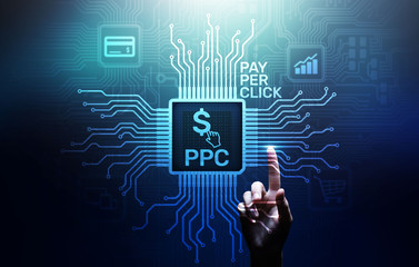 PPC Pay per click payment technology digital marketing internet business concept on virtual screen.