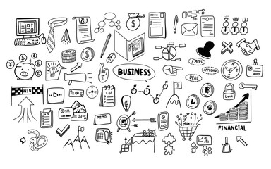 cute hand drawing doodle art of business and financial theme icons isolated on white background set collection