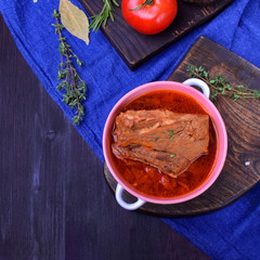 Borscht with beef. Traditional soup of Ukrainian and Russian cuisines