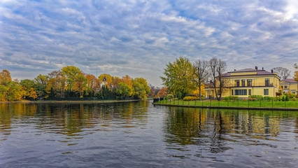 The cottage settlement on the bank of the river of Srednyaya (Middle) Nevka. St. Petersburg, Russia.