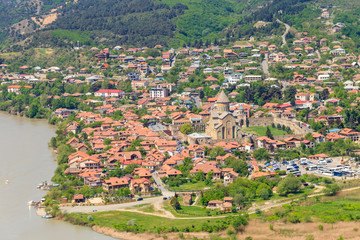 Aerial view on old town Mtskheta and confluence of the rivers Kura and Aragvi in Georgia