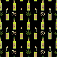 Hemp oil seamless pattern on black background