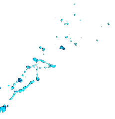 Blue Water Droplets With Streaks Against Pure White Background.