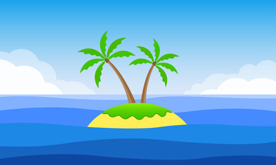 Island with palm trees and the sandy beach. Tropical landscape with island, sea or ocean and sky. Vector illustration.