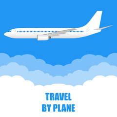 Travel by plane banner. White Airplane in the blue sky with clouds. Aircraft flight concept. Vector illustration.