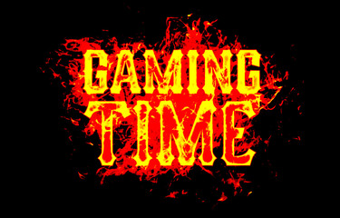 gaming time word text logo fire flames design with a grunge or grungy texture