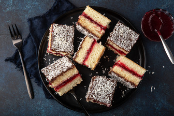 australian lamington cake with raspberry jam
