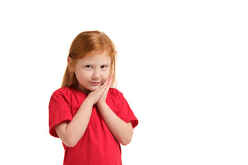 Portrait of cute redhead emotional little girl isolated on a white