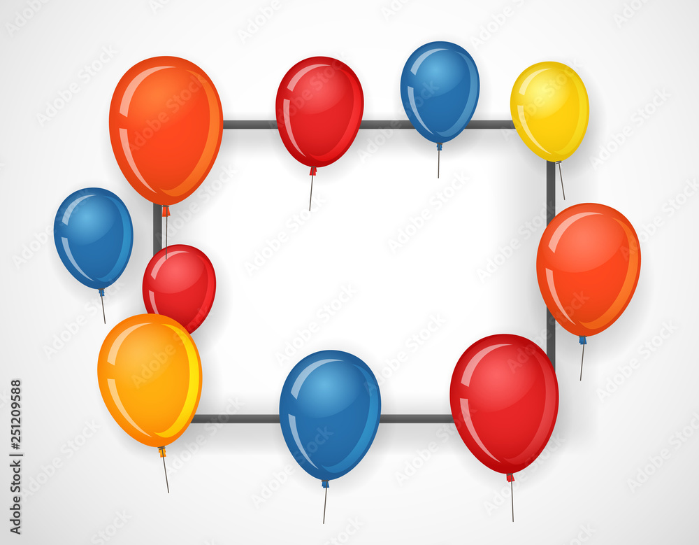 Poster Empty frame with color balloons. Party announcement vector template