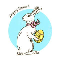 Easter bunny with egg. Vintage color card. Engraving style. Vector illustration.
