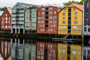 Trondheim city colorful houses by the Nidelva river. Famouse Norwegian sites.
