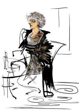 portrait of a mature woman with gray hair, in a fancy dress, sitting at a restaurant table, rastrer drawing over a white background