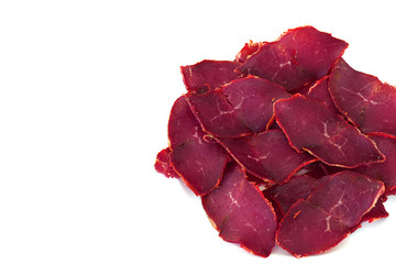 veal bacon, thinly sliced veal bacon, white background