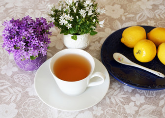 Cup of tea with lemon, healthy drink for afternoon break. Modern lifestyle in decorated home
