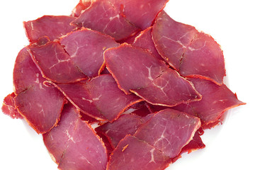 veal bacon, thinly sliced veal bacon, white background