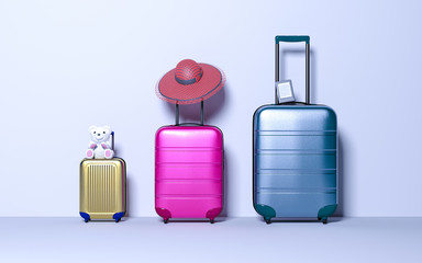 Three suitcase with sun hat, eBook and soft toy on pastel background.Travel baggage concept.Minimal style.Copy space.Family holiday rest,recreation,relaxation.3D rendering illustration