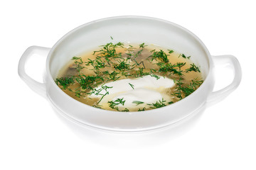 soup dish food from the restaurant. isolated background. view from above . side view