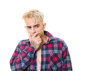 Fototapeta premium the guy in the shirt is sleepy bored and yawns