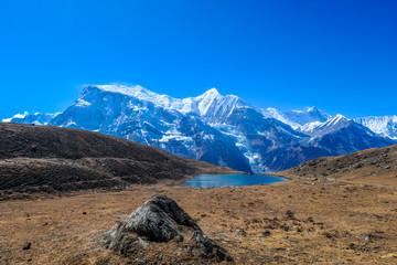 Ice lake, as part of the Annapurna Circuit Trek detour, Himalayas, Nepal. Annapurna chain in the...