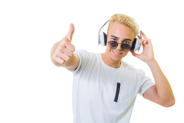 Happy handsome man in black glasses isolated on white background with copy space