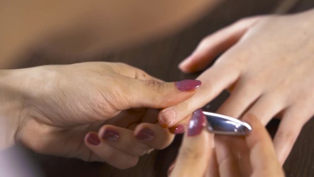 CloseUp shot of a beautician applying nail polish to female nail.